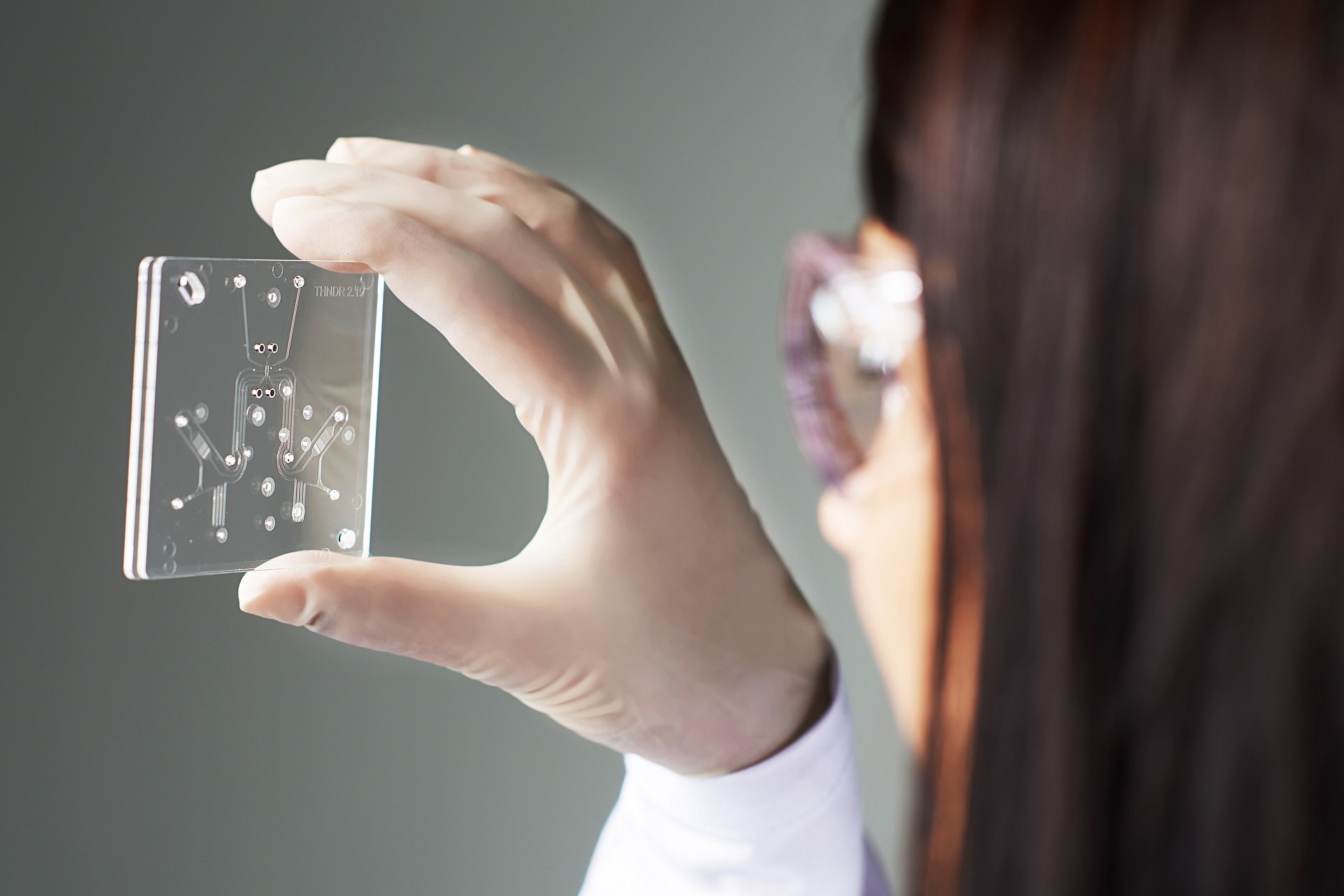 A clear microfluidic chip with engraved channels being held by a laboratorian 