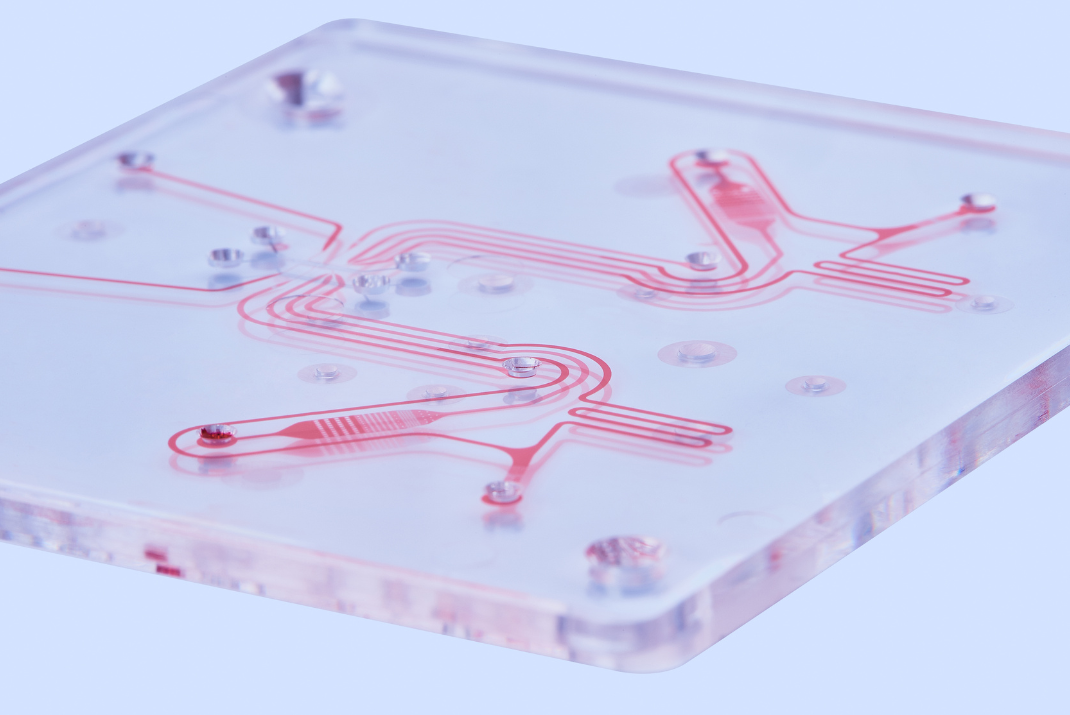 A clear microfluid chip with red dye-filled channels