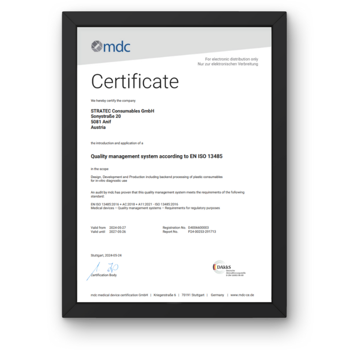 EN ISO 13485 certification for STRATEC Consumables GmbH