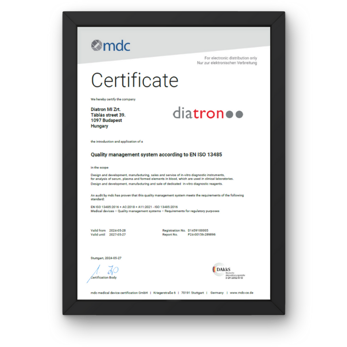 Certificate for Diatron’s Quality management system according to EN ISO 13485
